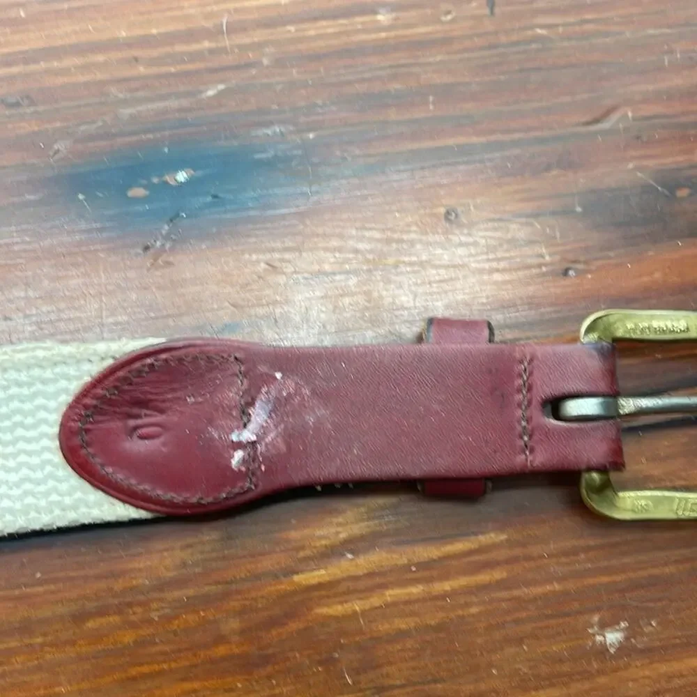 Webbing nautical flag leather detail brass buckle belt sz 40